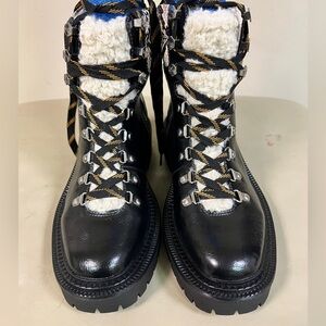 Sam Edelman Black Leather Hiker Combat Boots with Snakeskin Trim